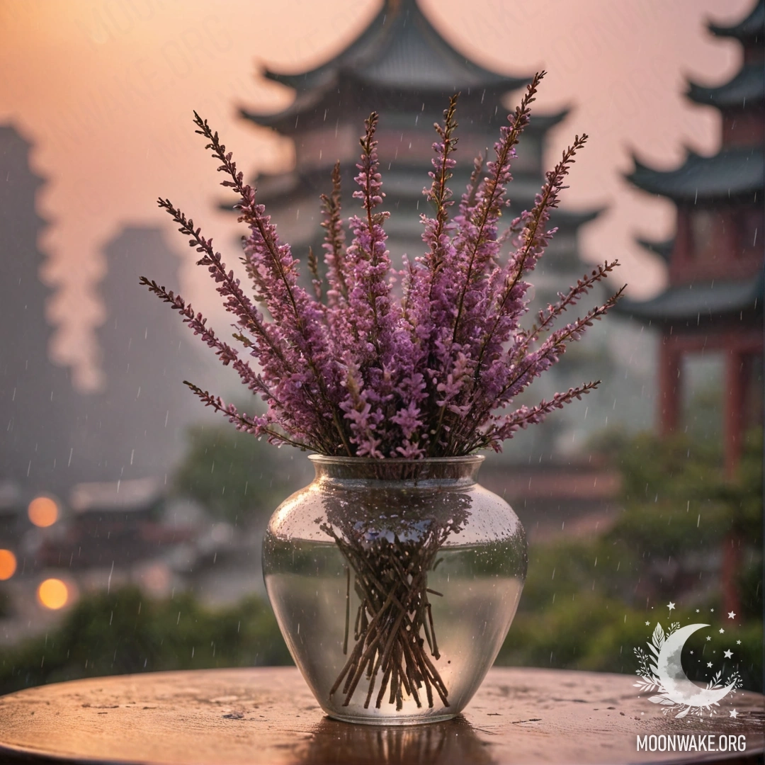 Ваза с романтическим вереском под дождем на закате, в пастельных тонах.