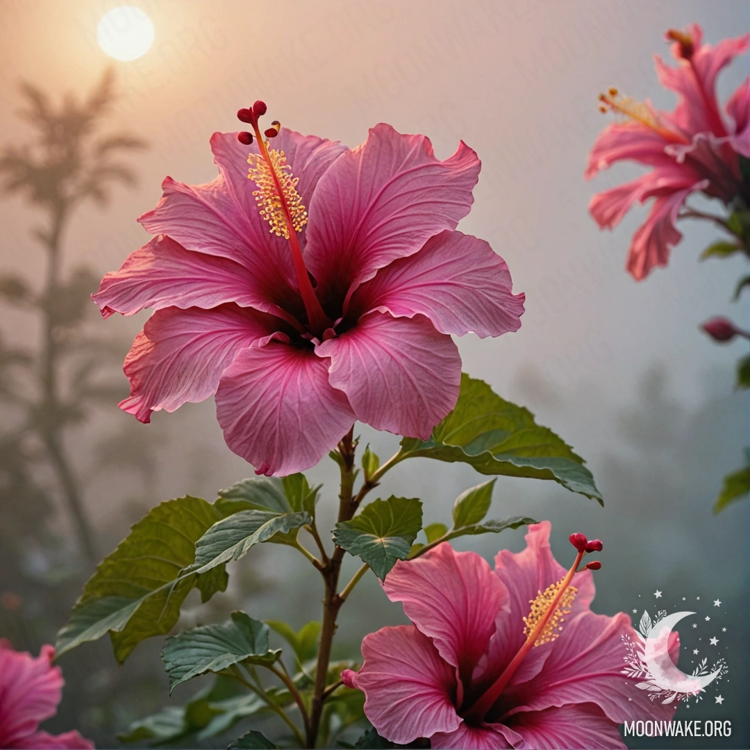 Фиолетовый гибискус появляется сквозь мягкий туман на закате.