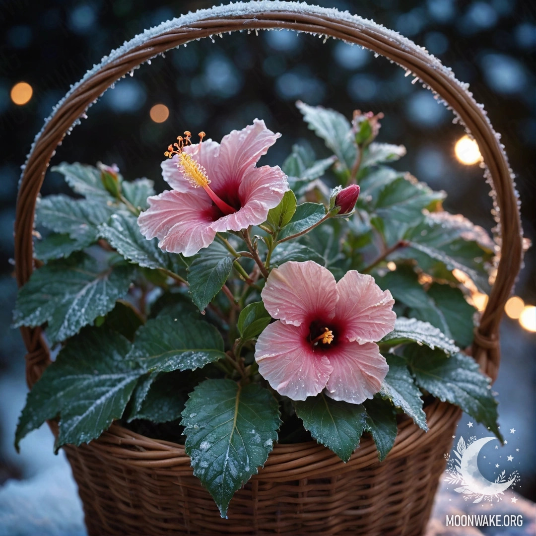 Романтический гибискус, лежащий в морозном корзине под ночным небом.