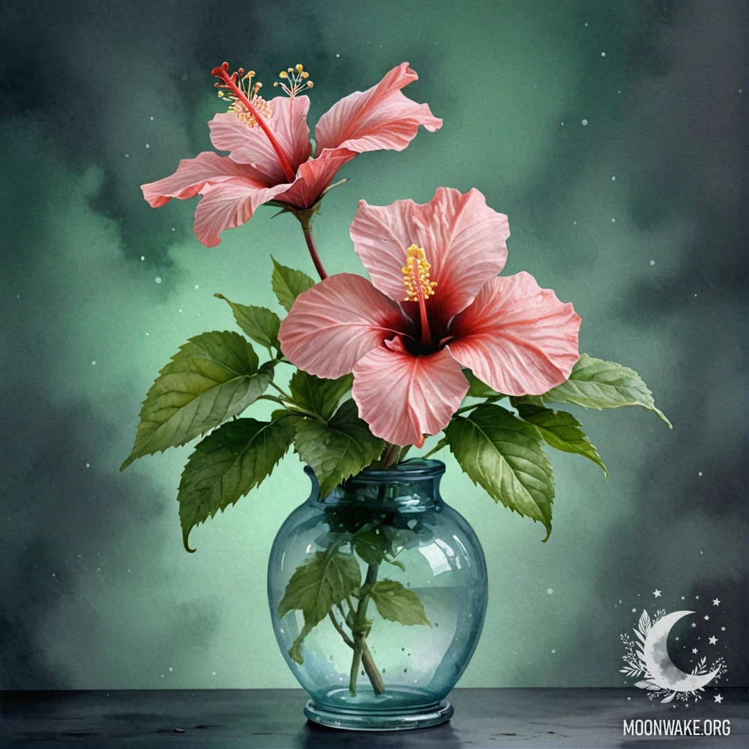Мятная ваза содержит цветок гибискуса, окруженный туманом ночью.