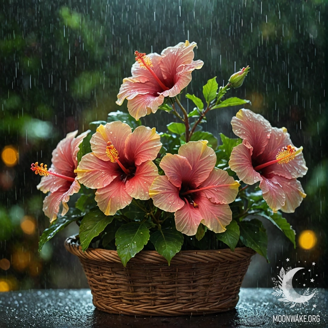 Романтический цветок гибискуса в корзине, окруженный туманом и дождем ночью.