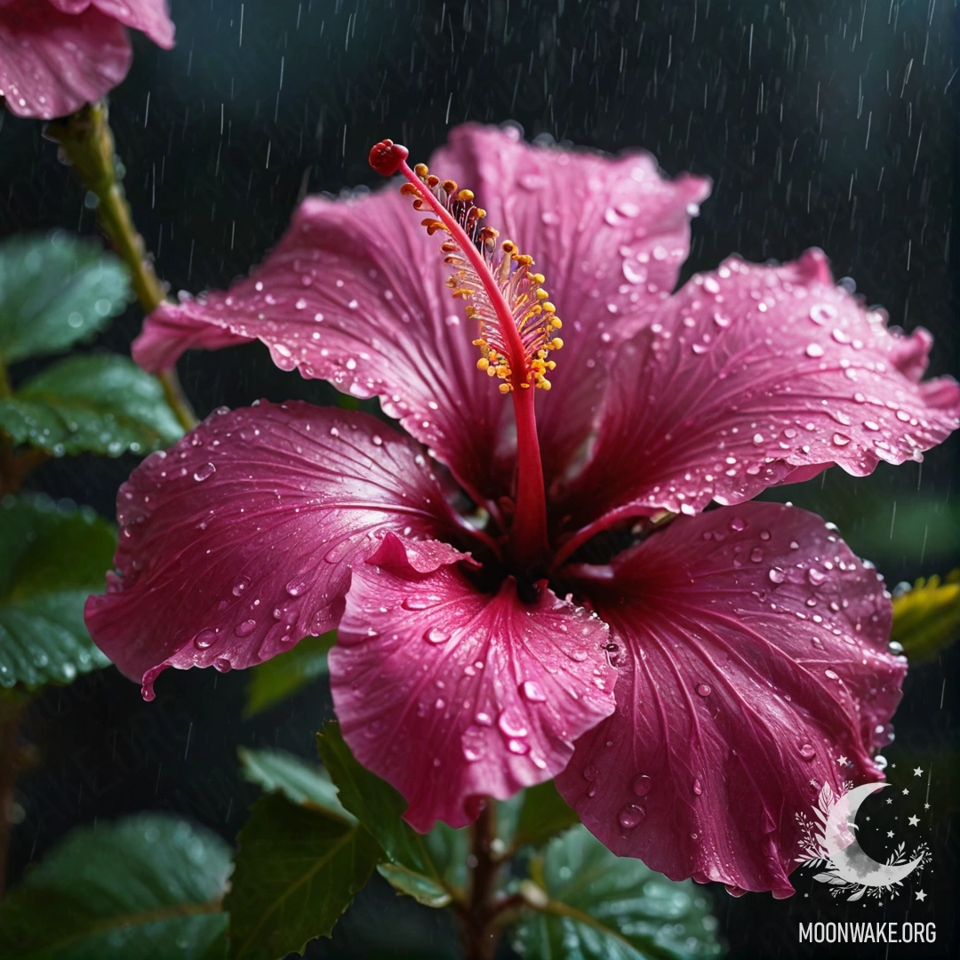 Фуксиевый цветок гибискуса, окружённый туманом и дождём ночью.