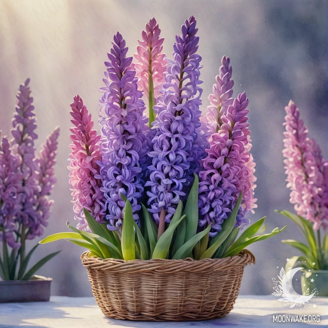 Романтическая фуксиевая гиацинт в корзине, окруженная туманом и освещенная солнечными лучами.