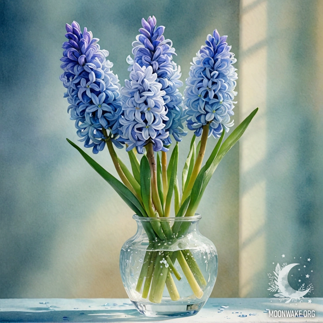 Нежный аквамариновый гиацинт в морозном вазе, выполненном в акварельной технике.