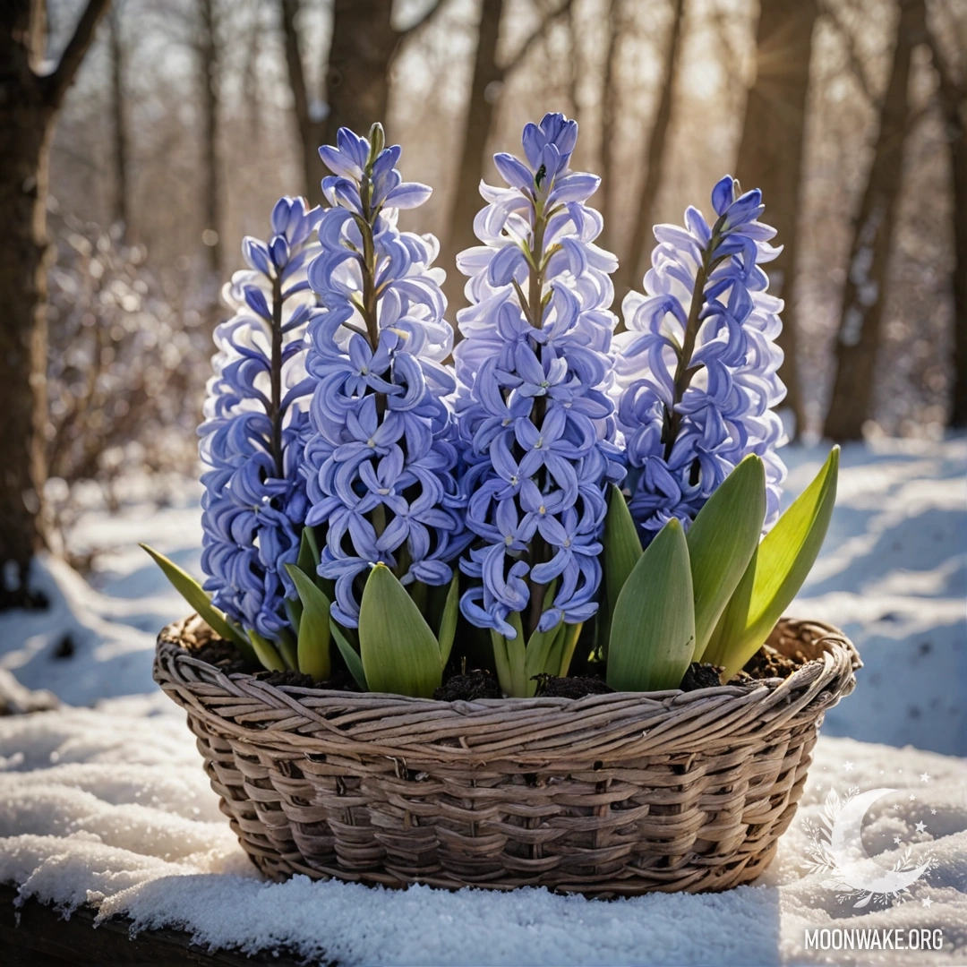 Романтический гиацинт, покрытый инеем, в корзине кофейного цвета, освещённый солнечными лучами.