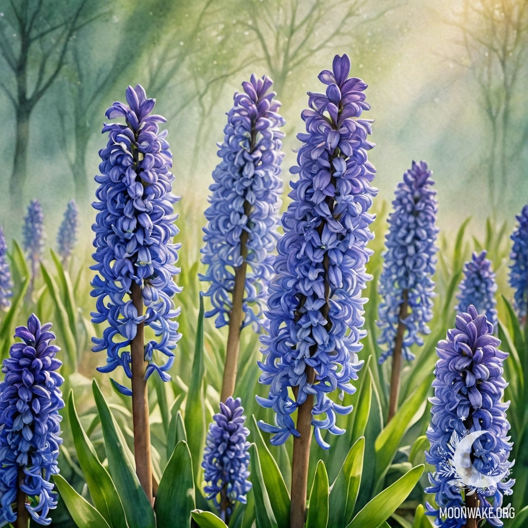 Романтический гиацинт, пробивающийся сквозь туман, окружённый солнечными лучами.