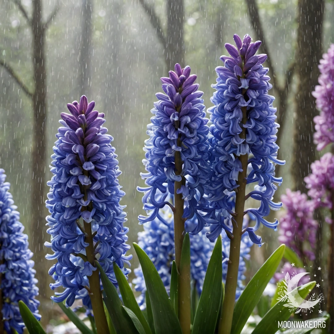 Букет синих гиацинтов в туманном дожде, освещённый солнечными лучами.