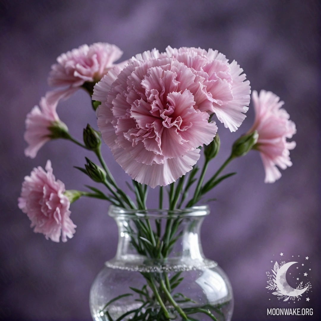 Лавандовая гвоздика в вазе, окруженная туманом ночью.