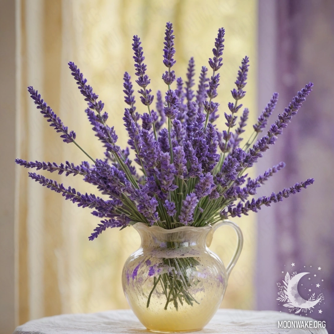 Букет лаванды с нежной паутиной в кремовом желтом вазе.