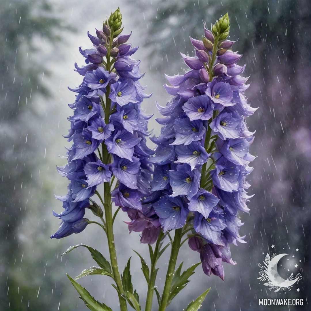 Букет лаванды дельфиниума под дождём, изображенный акварелью.