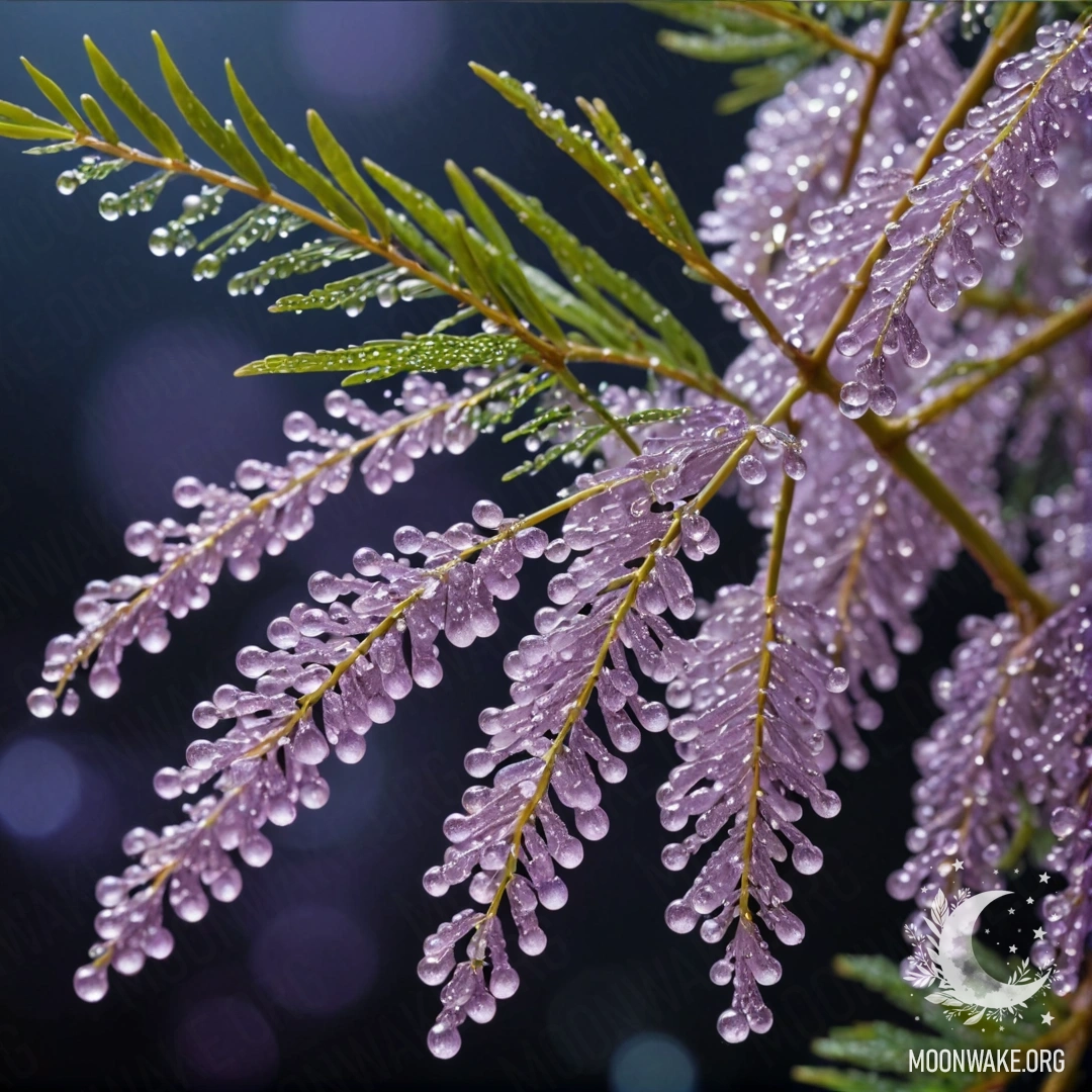 Романтическая лавандая мимоза, украшенная каплями росы и блестками в ночное время.