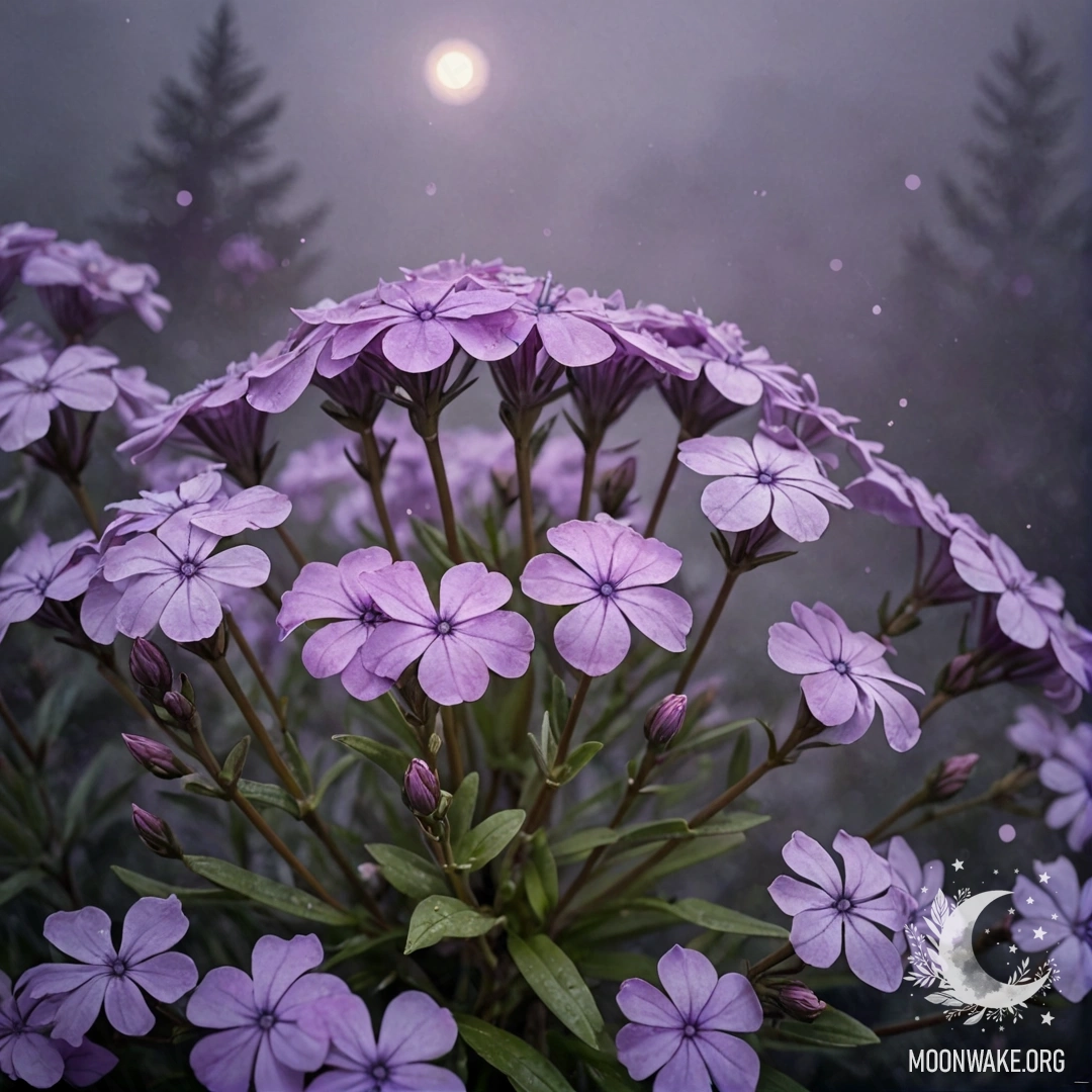 Нежная акварельная картина с флок-сами лавандового цвета, окутанными туманом в ночное время.