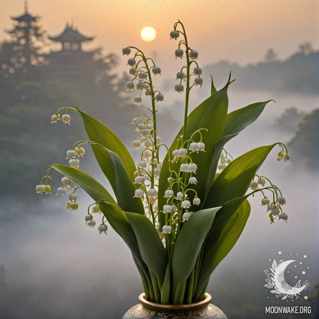 Романтическая композиция с лилией в золотой вазе, окутанная туманом на закате.