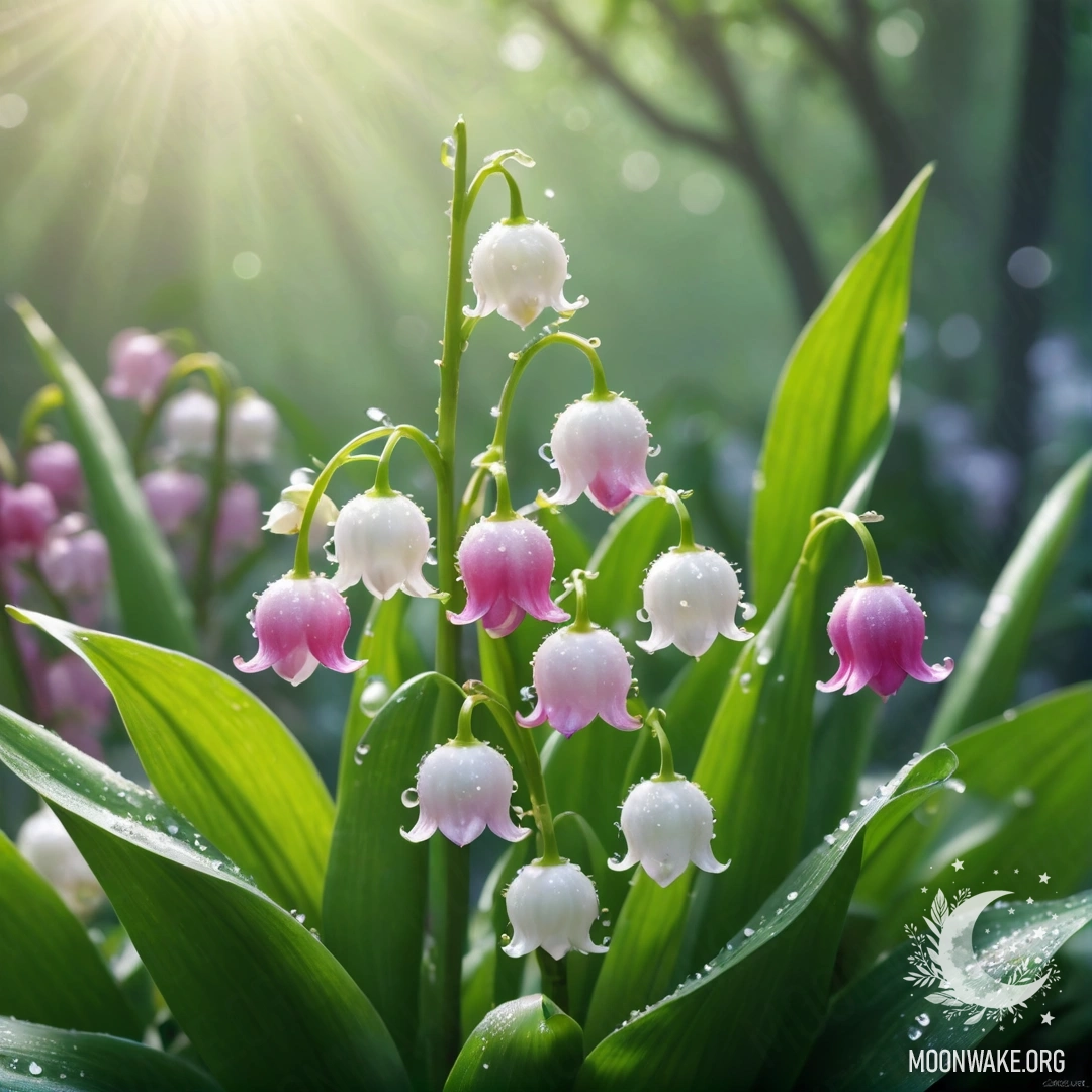 Крупный план фуксийных лилий долины, окружённых туманом и солнечными лучами.