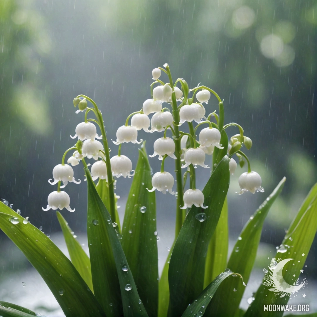 Тонкая лилия в долине, окруженная туманом и дождем, освещенная солнечными лучами и сверкающим блеском.