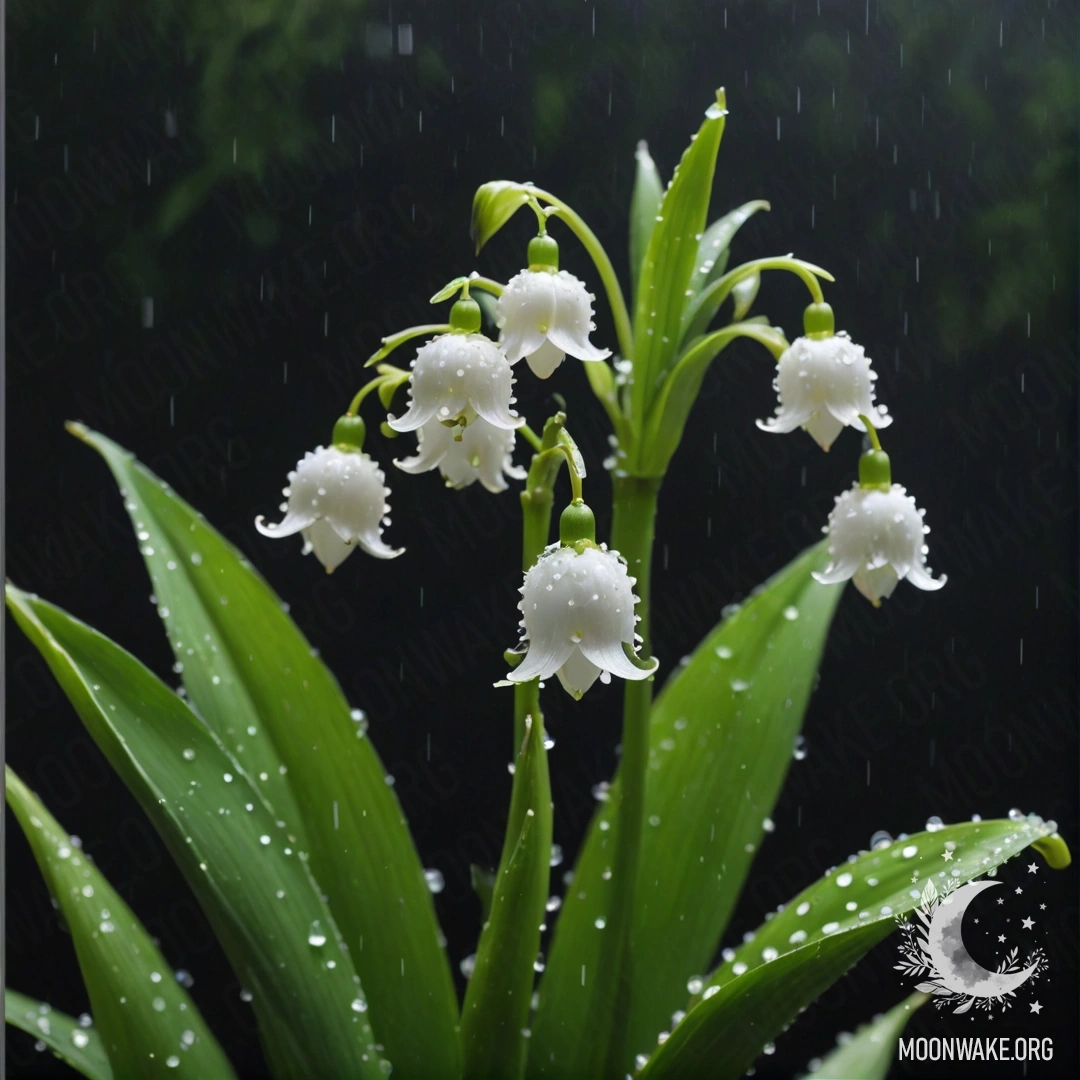 Романтичная лилия в долине, окутанная туманом под дождём в ночное время, сверкающая зелёными оттенками.