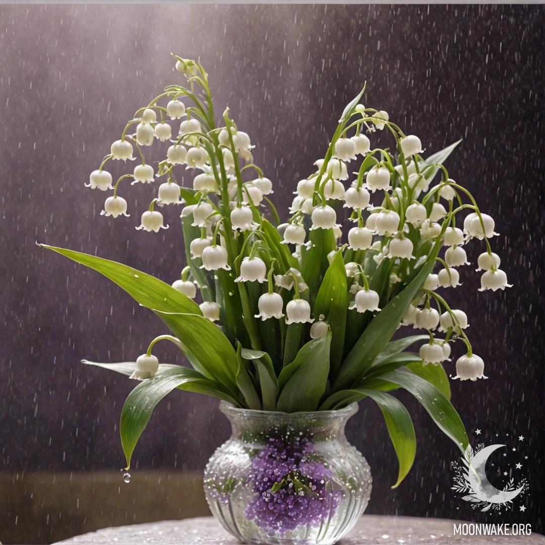 Романтическая лилия в долине в туманной обстановке, помещенная в вазу, пурпурного цвета, с каплями дождя, отражающими солнечный свет.