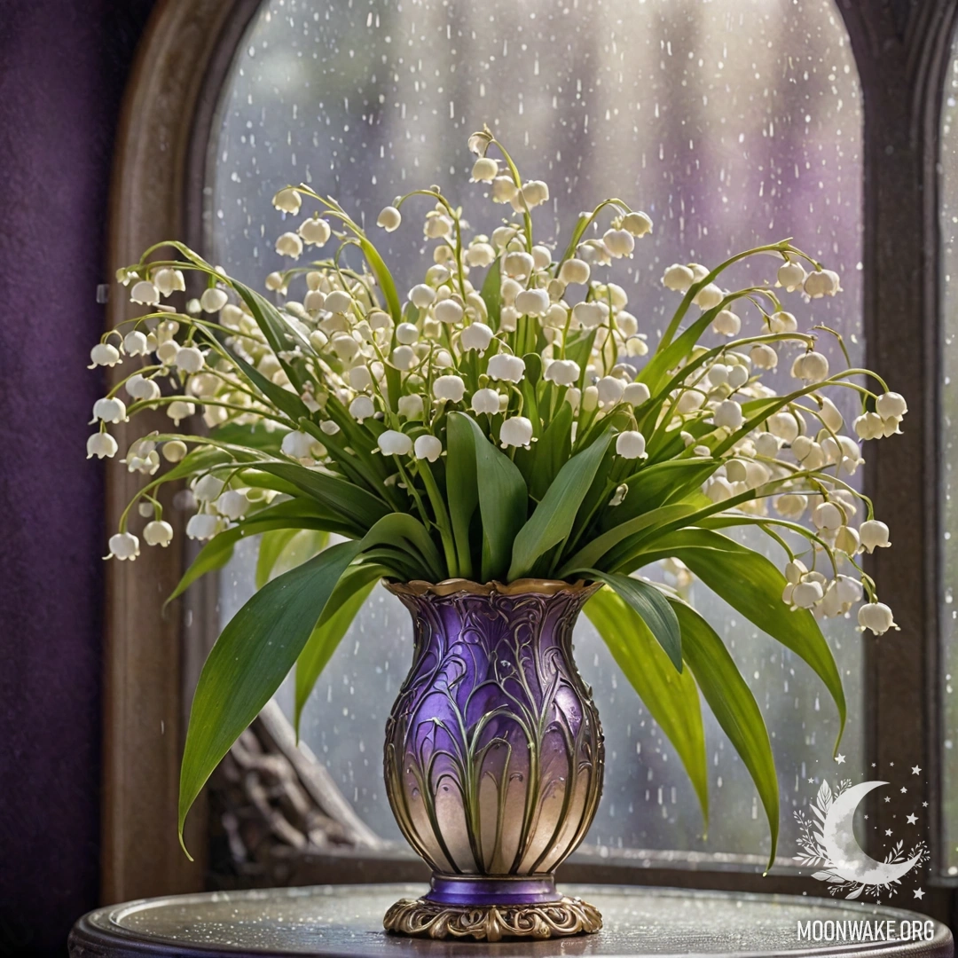 Ваза, наполненная фиолетовыми лилиями в тумане под дождем, озаренная солнечными лучами.