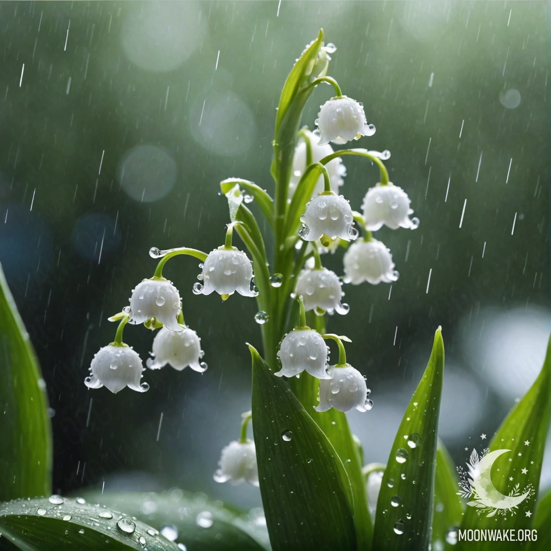 Спокойное изображение синих лилий долины под дождем с солнечными лучами и стразами.