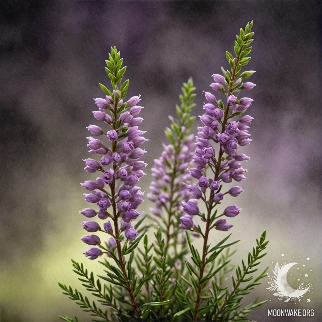 Букет вереска лаймового цвета, окружённый туманом ночью.