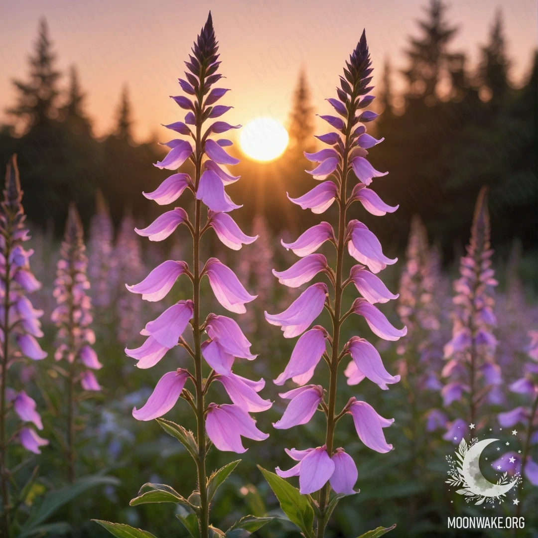 Нежный цветок лобелии розового цвета на фоне яркого заката.