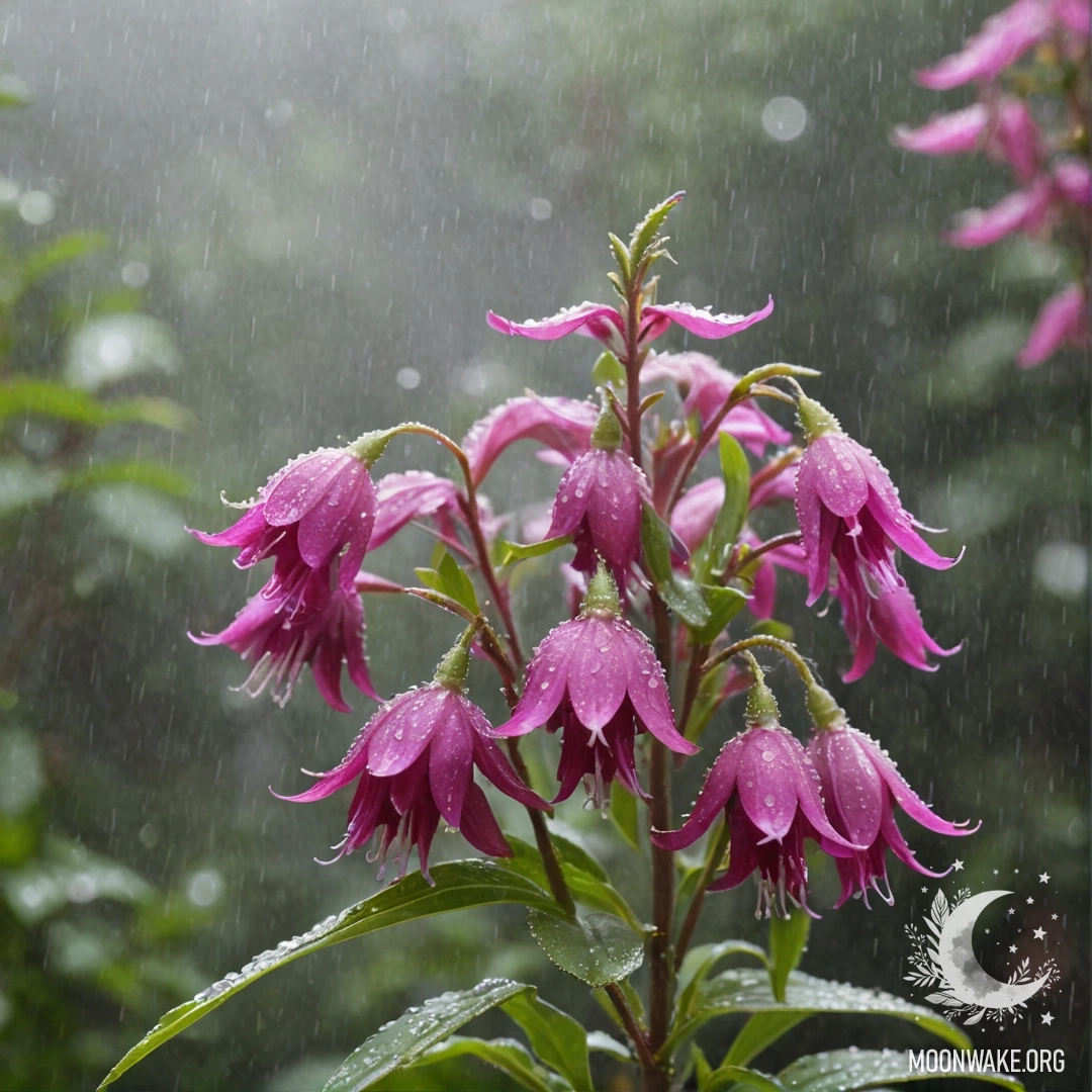 Группа фуксиевых цветов лобелии в тумане и дожде, озаряемая солнечными лучами.