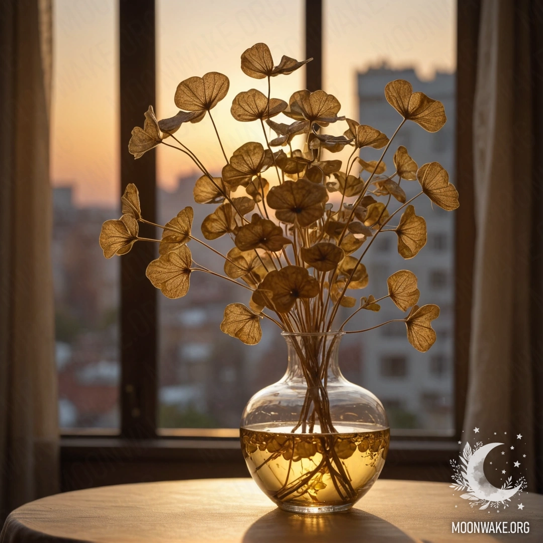 Золотая лунария в вазе, освещенная теплым светом заката.