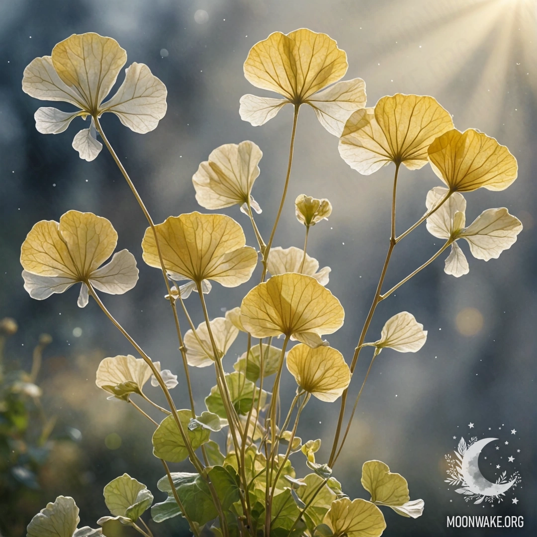 Букет кремово-желтой лунарии в тумане, освещенный солнечными лучами.