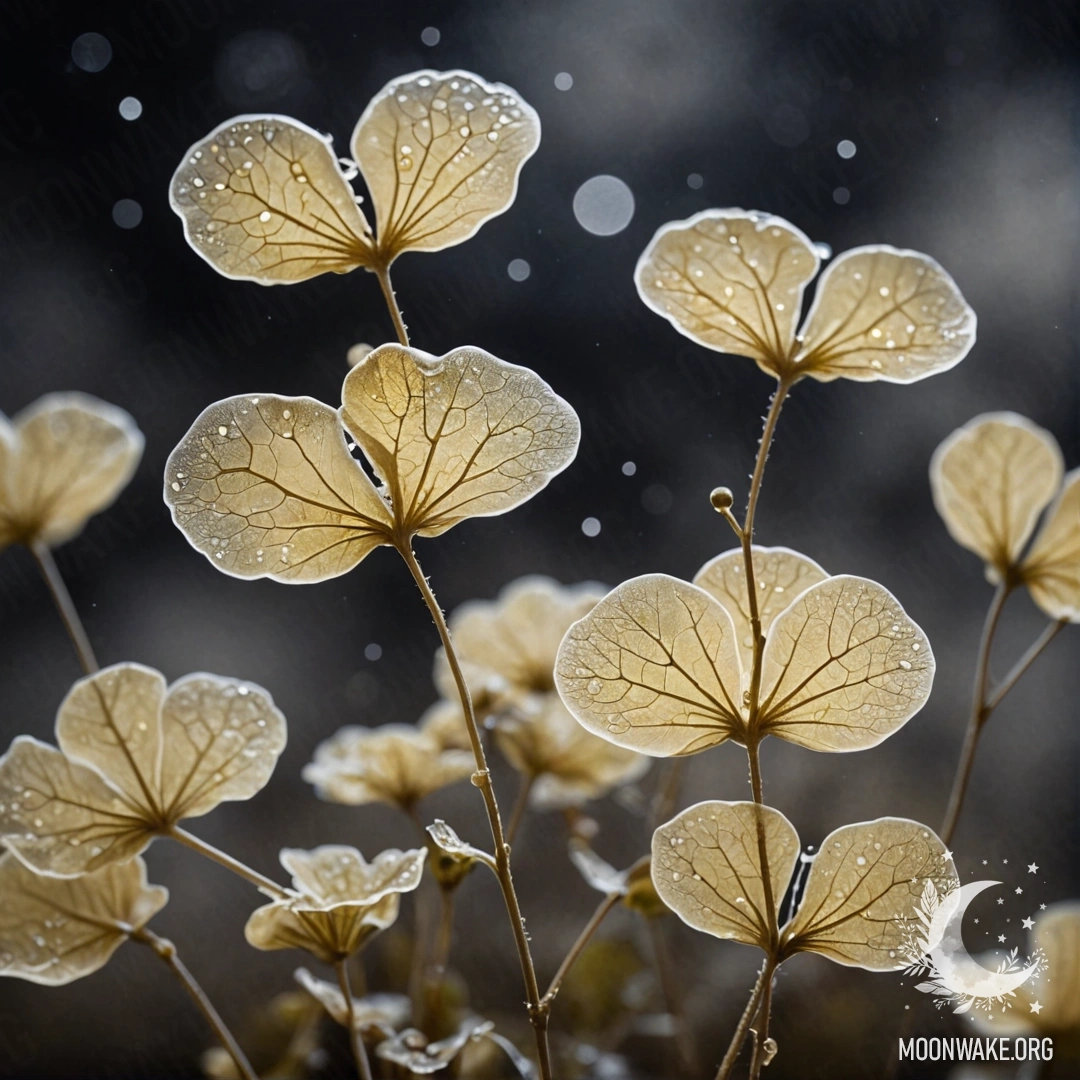 Нежное растение лунарии, окутанное туманом ночью с мерцающими оттенками кремового цвета.