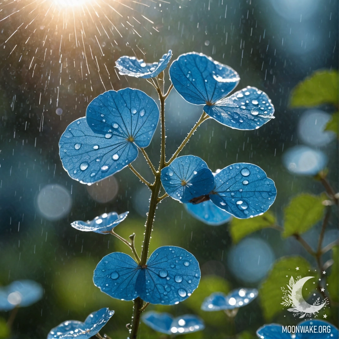 Крупный план нежных растений лунарии, освещенных солнечными лучами на фоне дождя.
