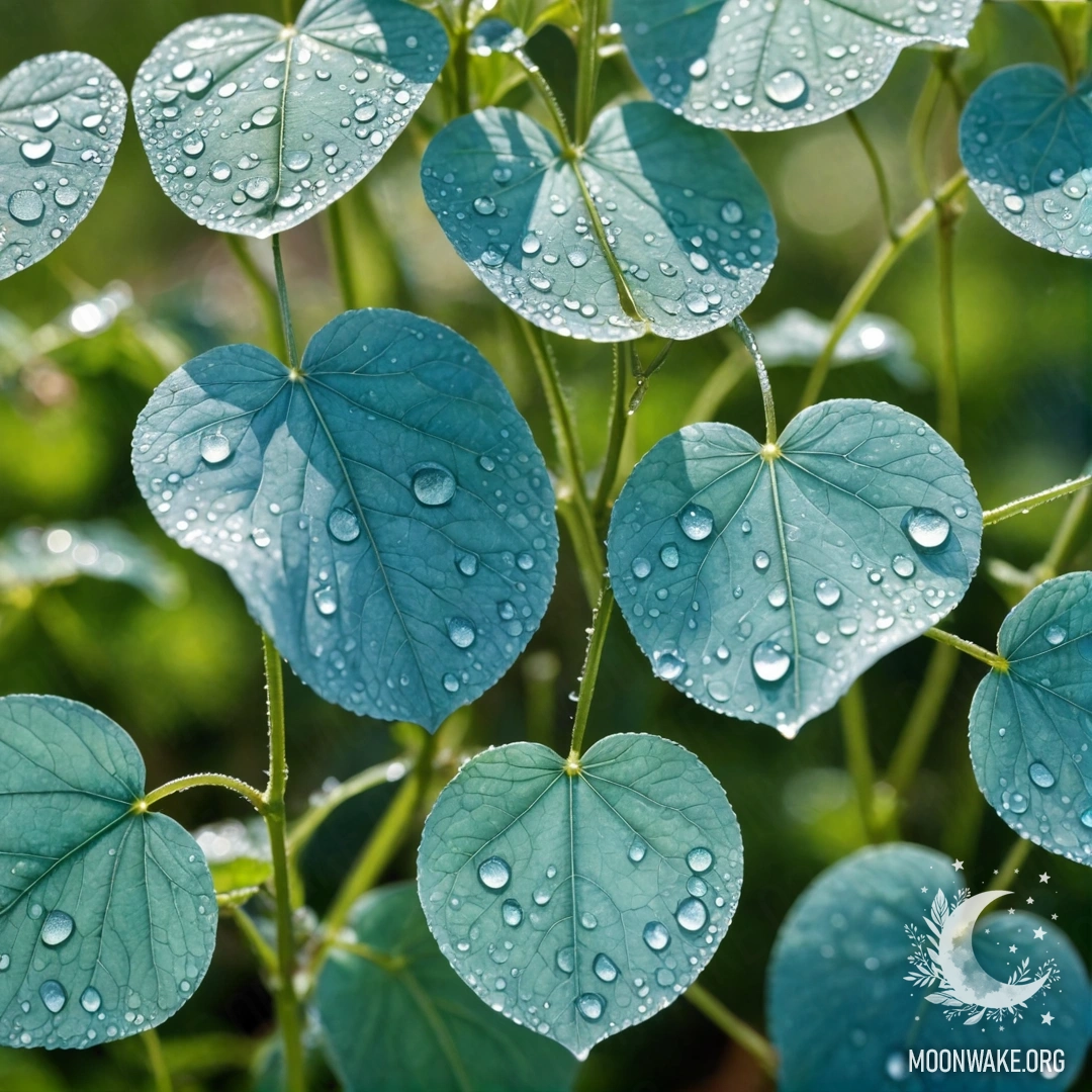 Акварельная картина с растениями лунарии, покрытыми каплями росы под солнечными лучами.