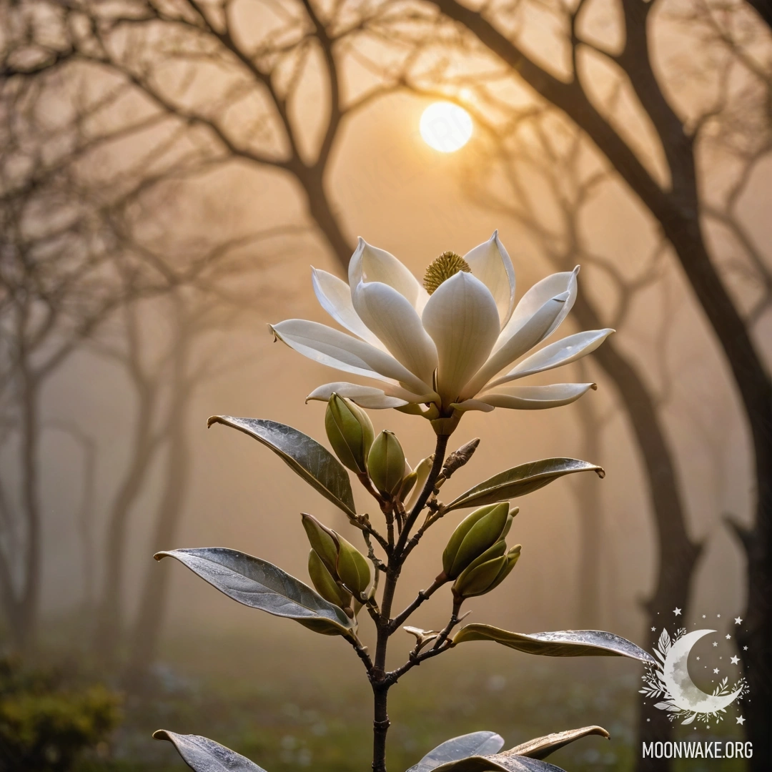 Романтическое дерево магнолии, окутанное туманом на закате, с оливковыми оттенками и блестками.