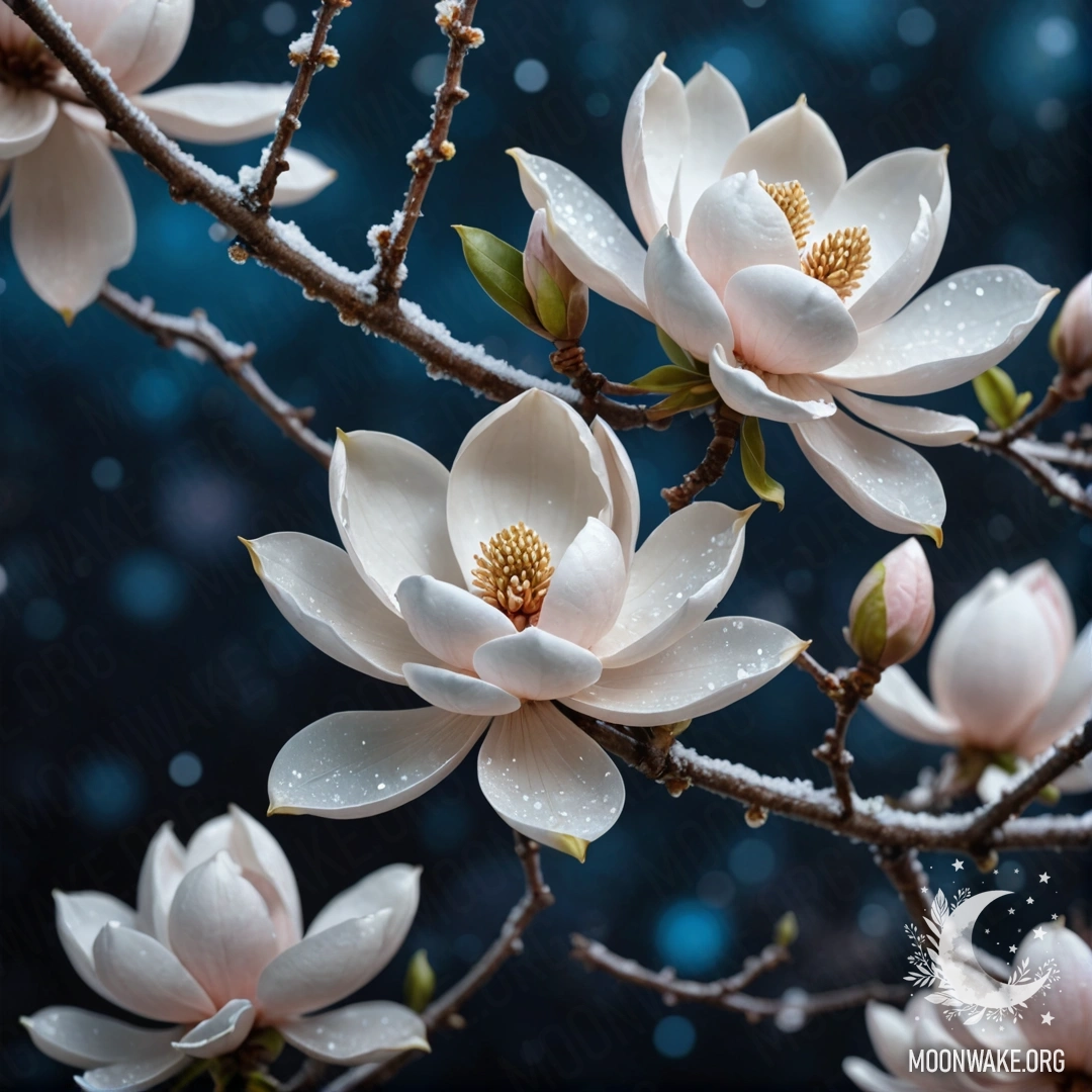 Романтическая магнолия, окруженная инеем ночью, с мерцающим цветом морской волны.