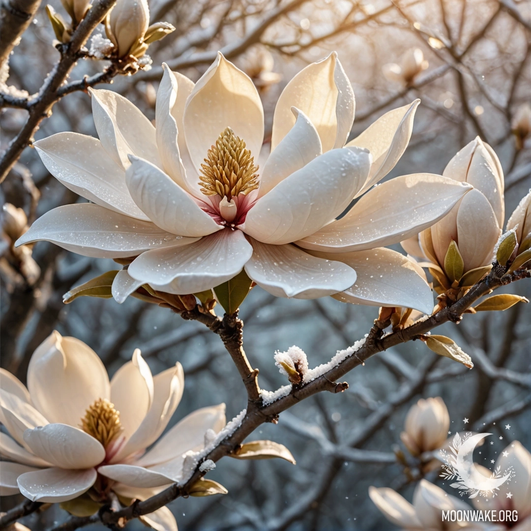 Замороженный цветок магнолии, украшенный золотыми блестками.