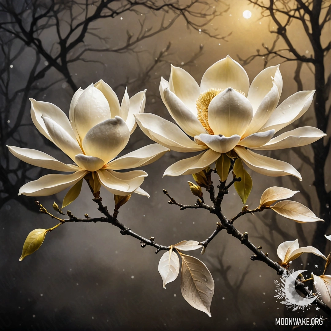 Романтическая магнолия, окутанная туманом в ночное время, украшенная желтыми стразами.