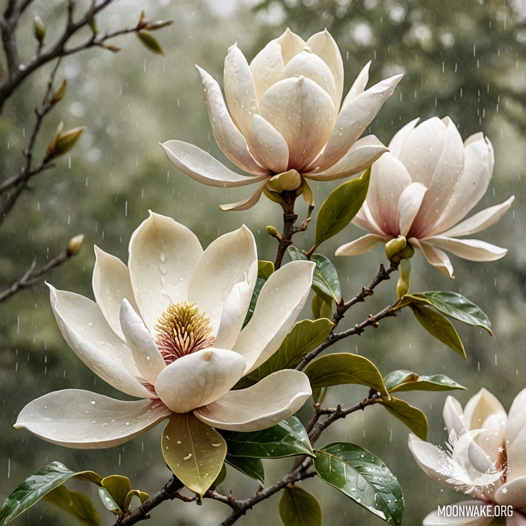Романтичный вид на дерево магнолии в туманном дожде, оливкового оттенка.