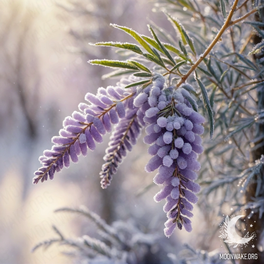 Нежный букет лавандовой мимозы, украшенный инеем под солнечными лучами.