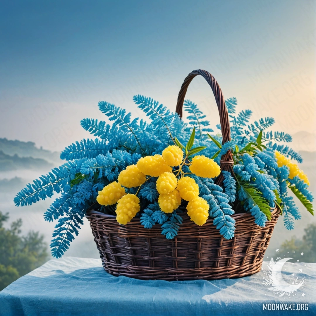 Живописная корзина, наполненная мимозами, окутанная туманным атмосферным небом голубого колера.