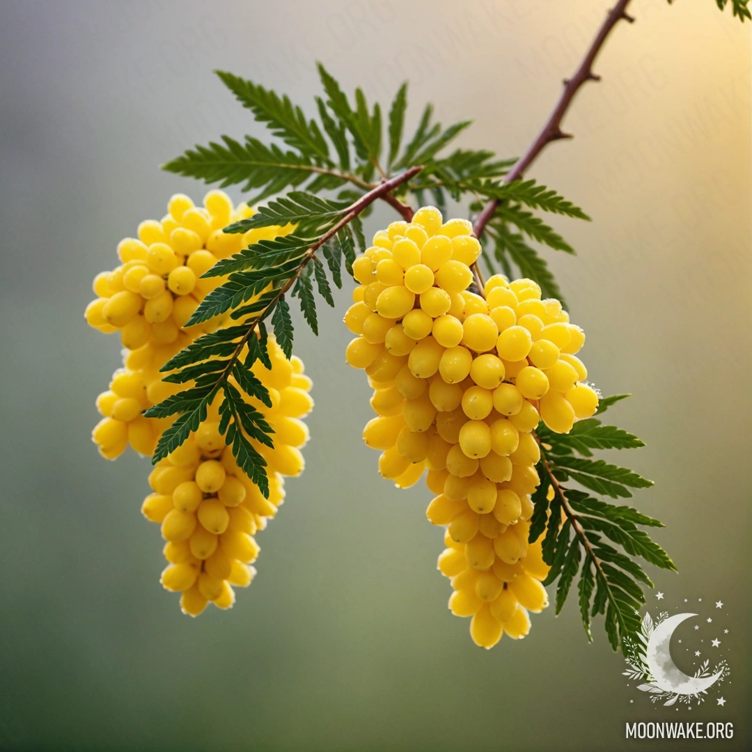 Яркая желтая мимоза, окруженная туманным облаком утреннего тумана.