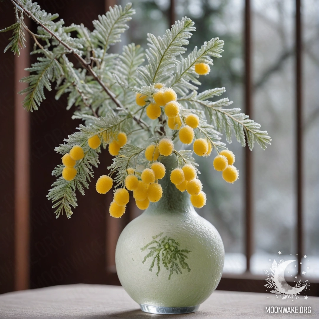 Морозный вазон с цветком мимозы лимонного цвета.