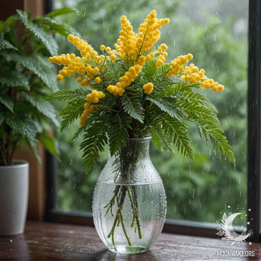 Красивая мимоза в вазе цвета мяты, окруженная туманом и дождем.