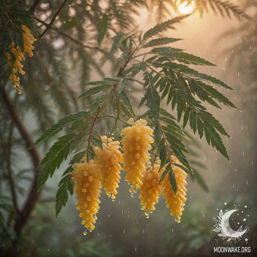 Романтическая мимоза, захваченная в тумане и дожде на закате, сверкающая кофейным оттенком и блестками.