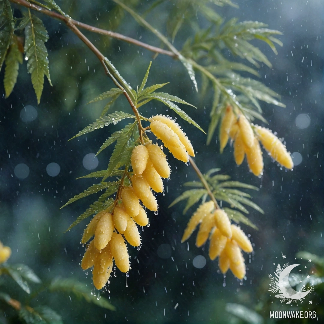 Нежная акварельная картина с романтичными мимозами кремово-желтого цвета, окутанными туманом и дождем, с блеском на ночном фоне.