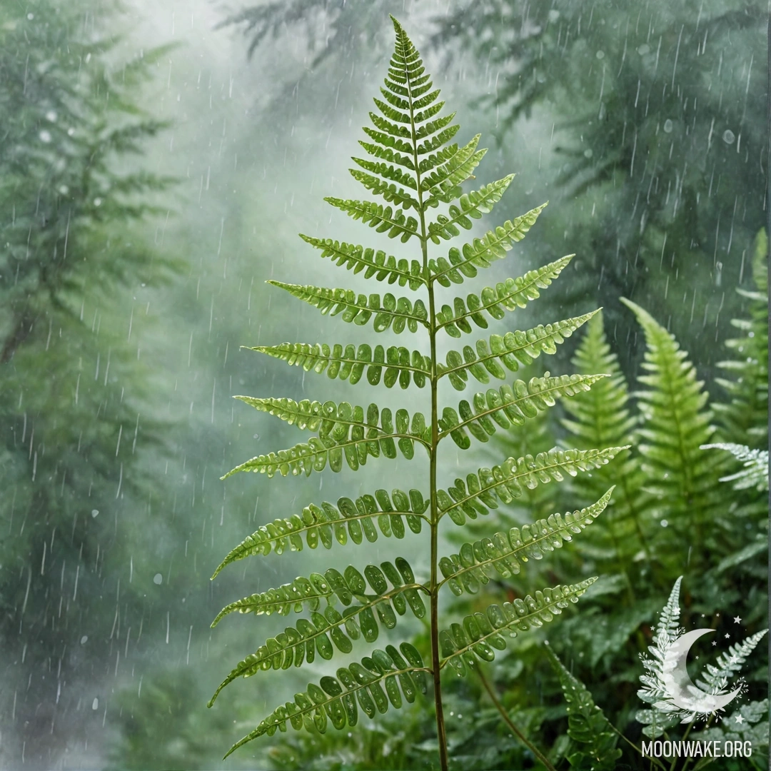 Нежный папоротник мятного цвета, усыпанный стразами, омытый туманным дождем, создающим романтическую атмосферу.