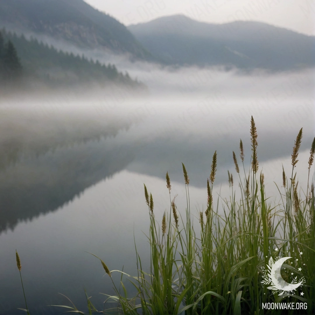 Крупный план травы в романтическом поле на фоне туманного озера в горах.