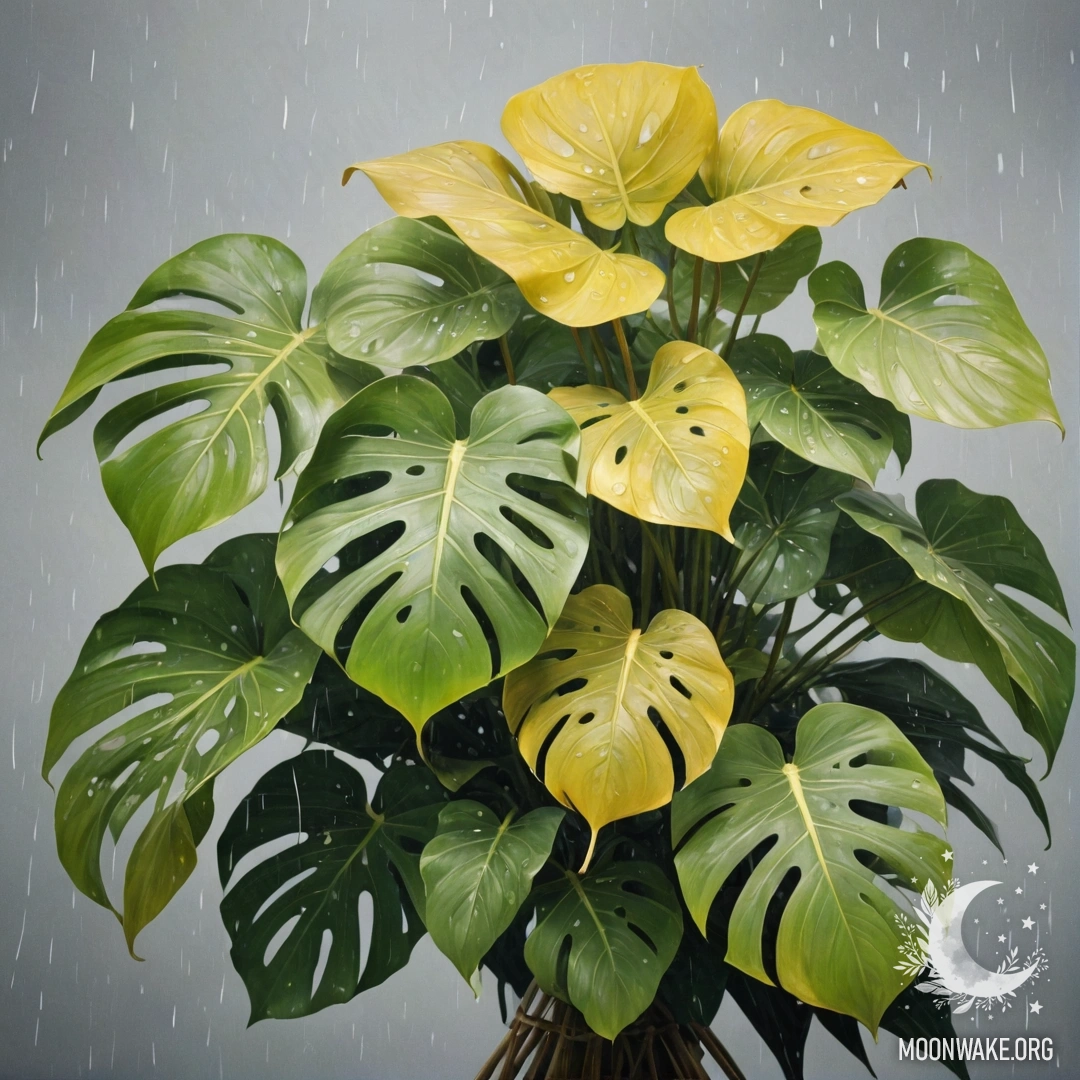 Букет желтых цветов, переплетенный с листьями монстеры под дождем.