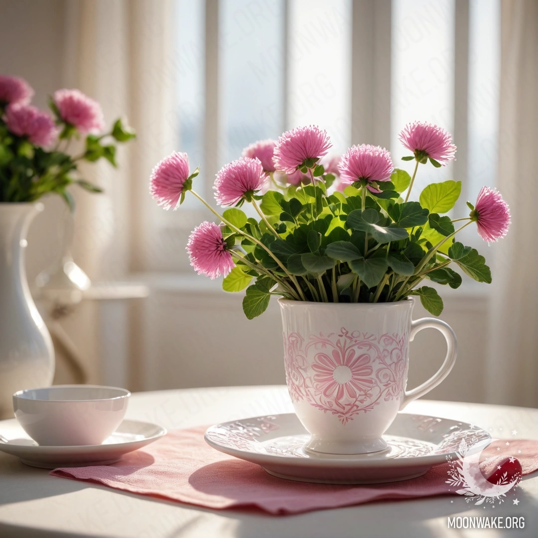 Круглая соломенная салфетка с белыми фарфоровыми чашками с розовым узором, рядом с белой вазой с клевером, освещённая солнечными лучами.