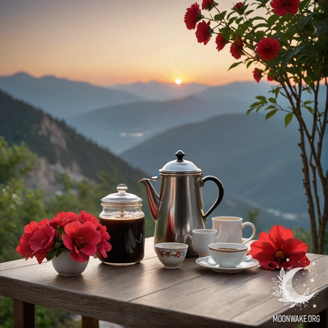 Романтический деревянный стол с банкой красных цветов, кофе и чашками на фоне гор на закате.
