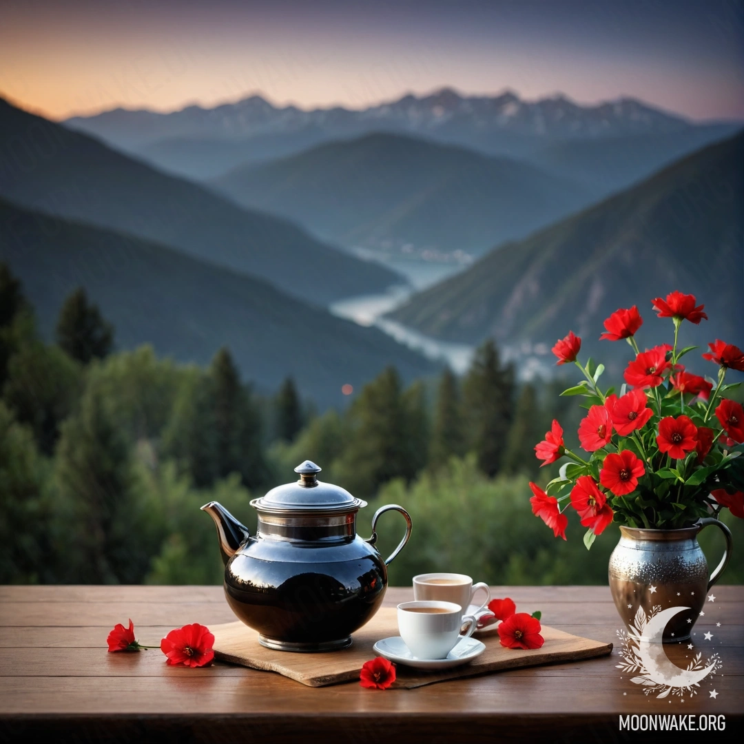 Красивый деревянный стол с банкой красных цветов, кофейником и чашками на фоне гор ночью.