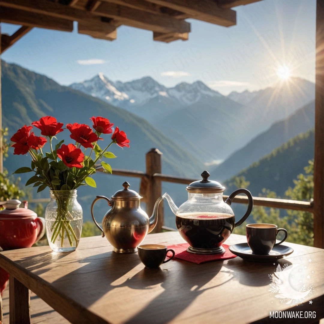 Деревянный стол на фоне гор с банкой красных цветов, кофейником и чашками, освещенными солнечными лучами.